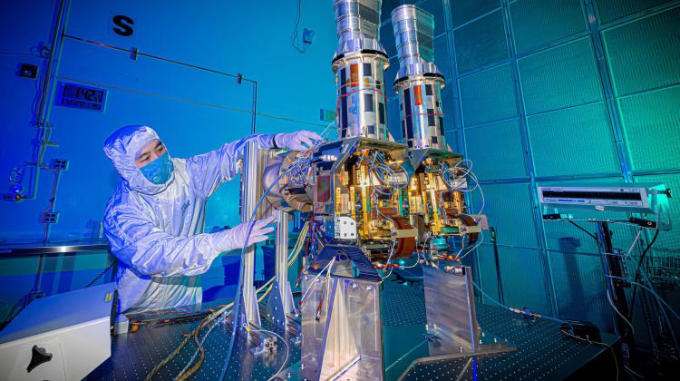 A person who works at Ball Aerospace assembles an instrument for MethaneSAT, a satellite EDF is building to track and measure methane worldwide.